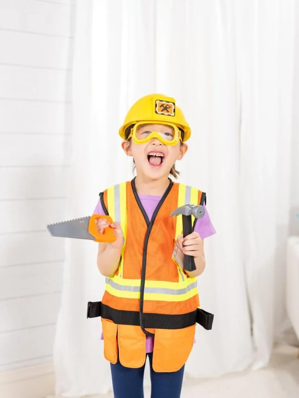 Construction Costume, Pretend Play Dress Up Set 6-Pc Tools, Vest & Accessories,